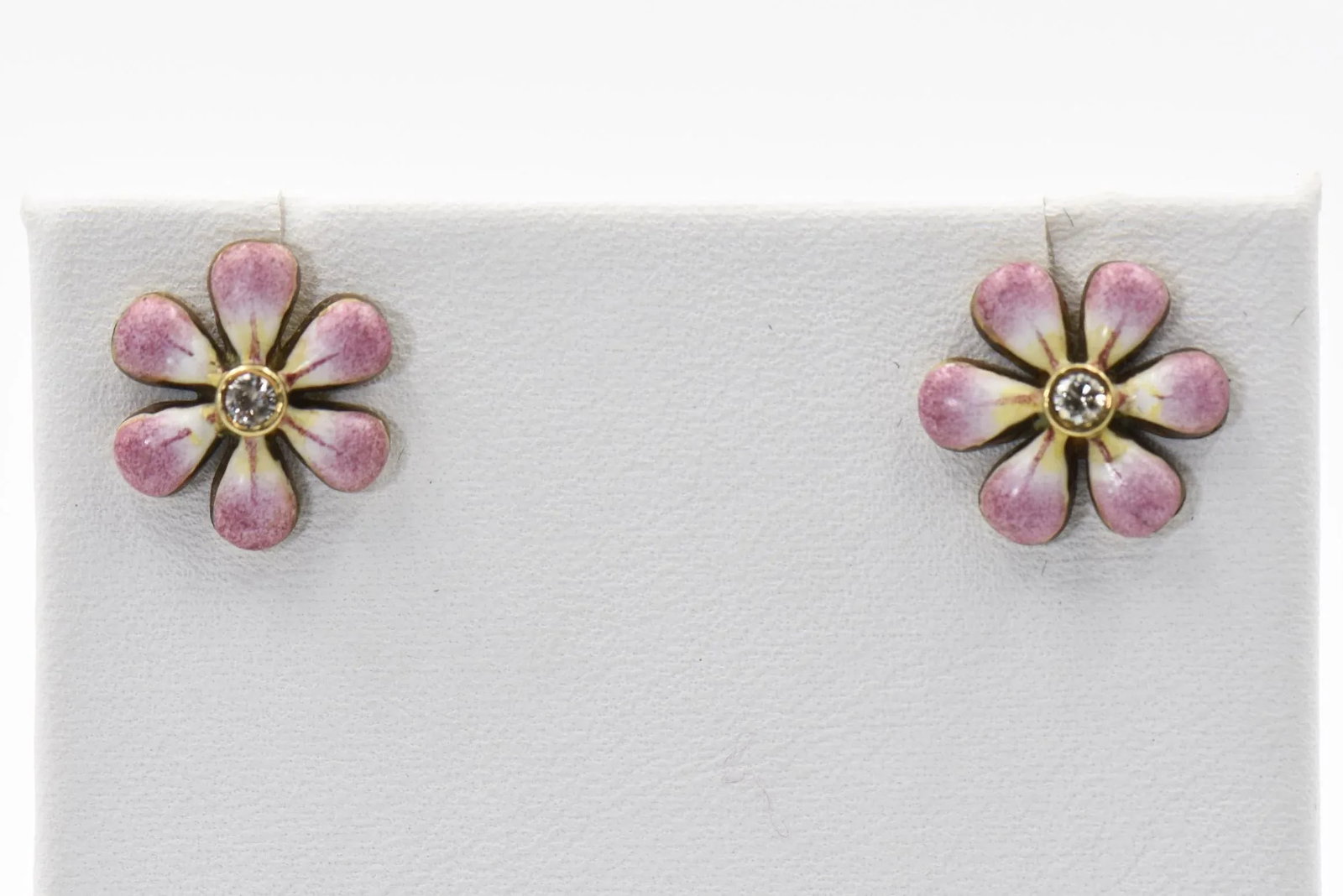 Pink Enamel Daisy Flower Diamond Gold Earrings by Sandra J. Sensations - 2 Pieces - 2