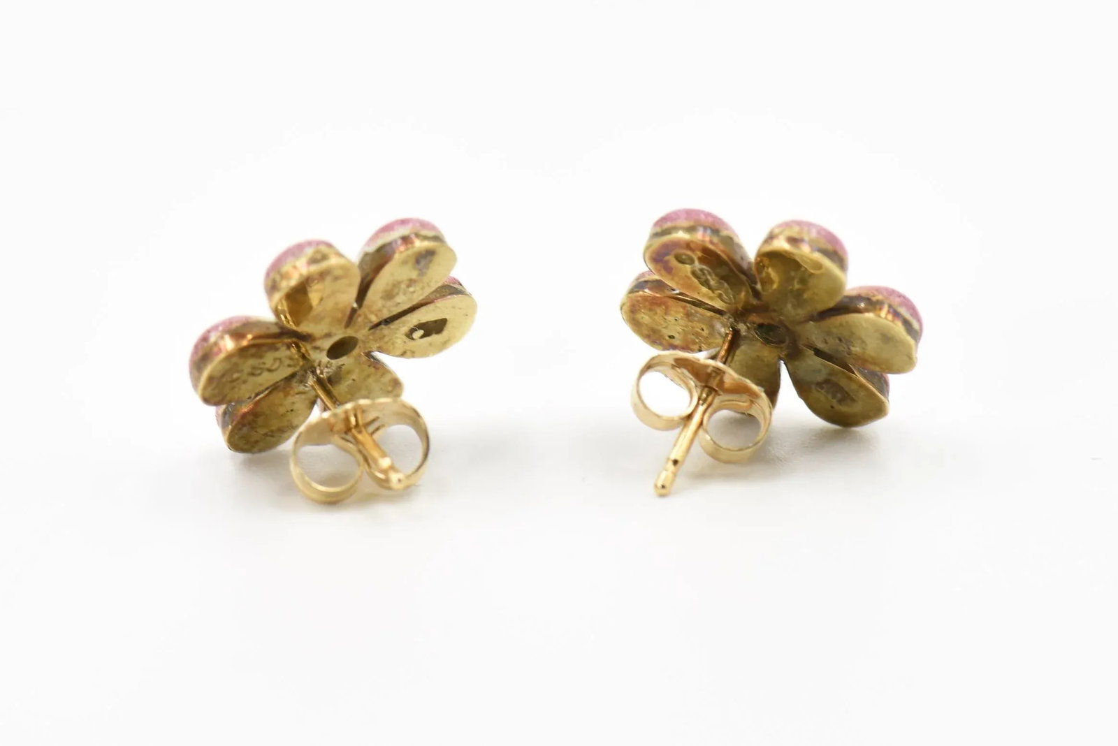 Pink Enamel Daisy Flower Diamond Gold Earrings by Sandra J. Sensations - 2 Pieces - 3