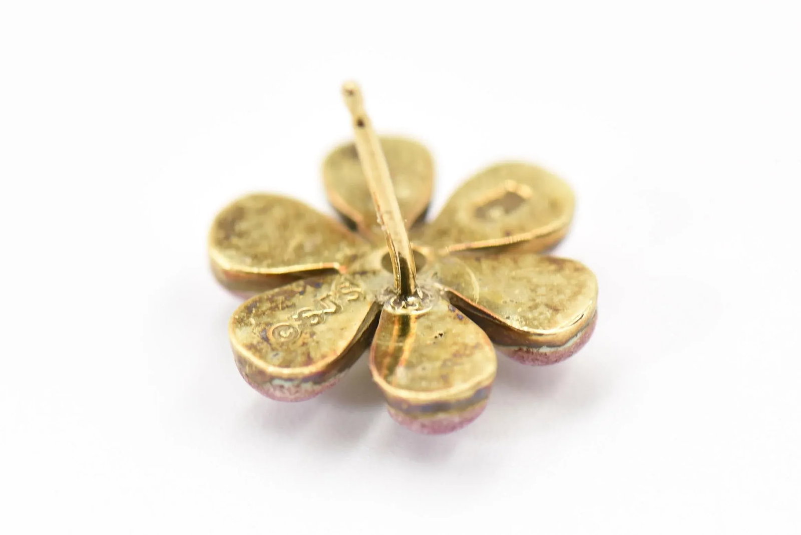 Pink Enamel Daisy Flower Diamond Gold Earrings by Sandra J. Sensations - 2 Pieces - 4