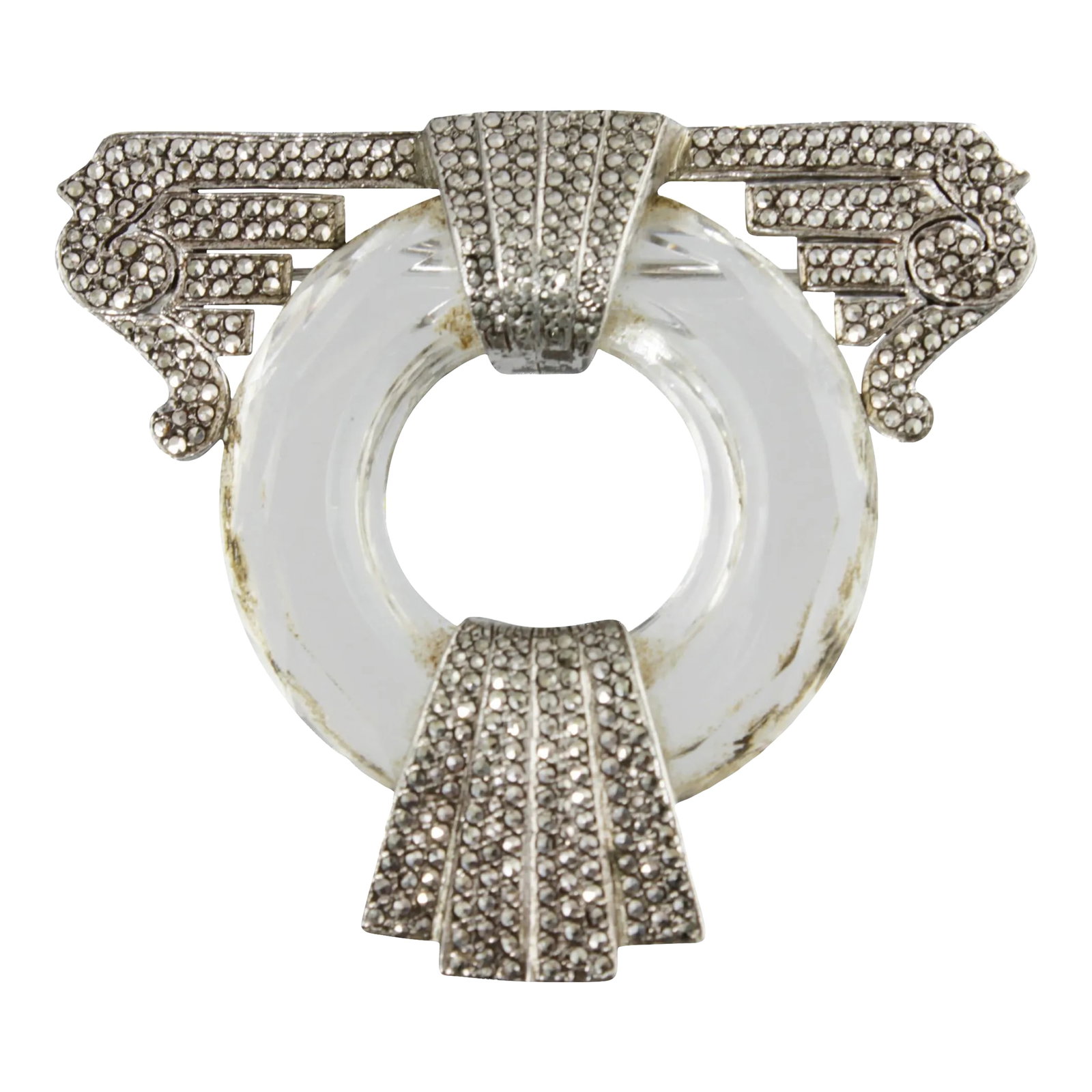 Art Deco Crystal Marcasite Brooch: Art Deco brooch with marcasite design around a faceted crystal circle. No maker's mark. Please see the measurements noted above in the description for best approximate dimensions Condition: