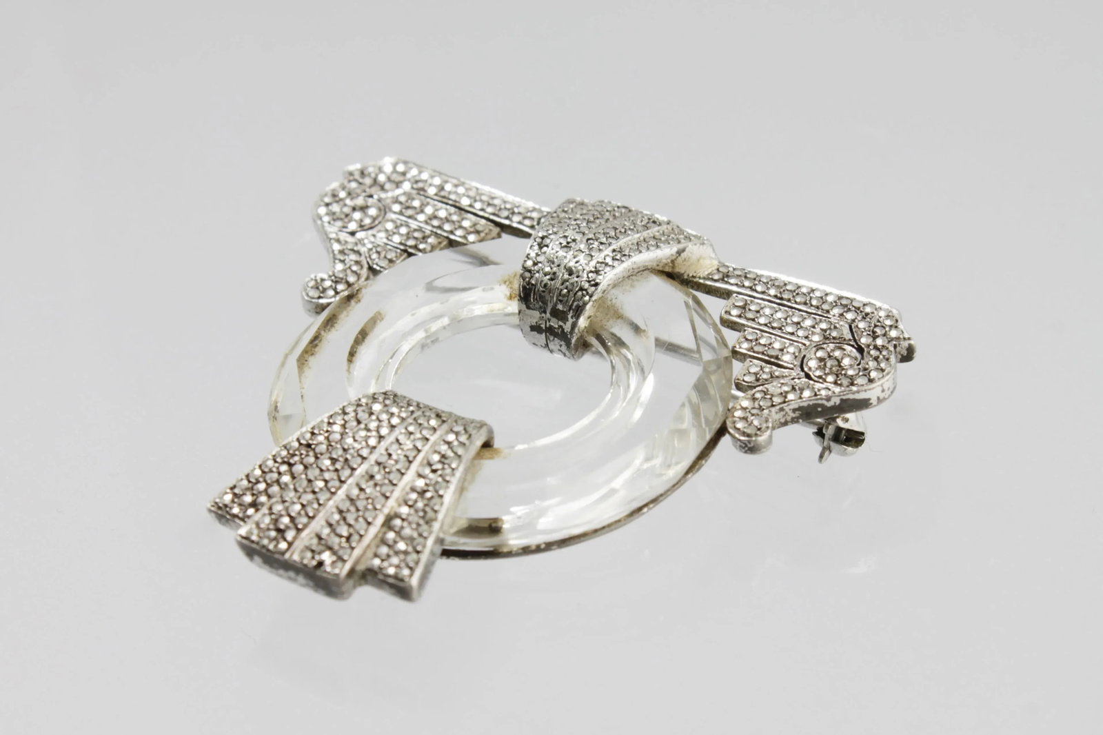 Art Deco Crystal Marcasite Brooch - 5