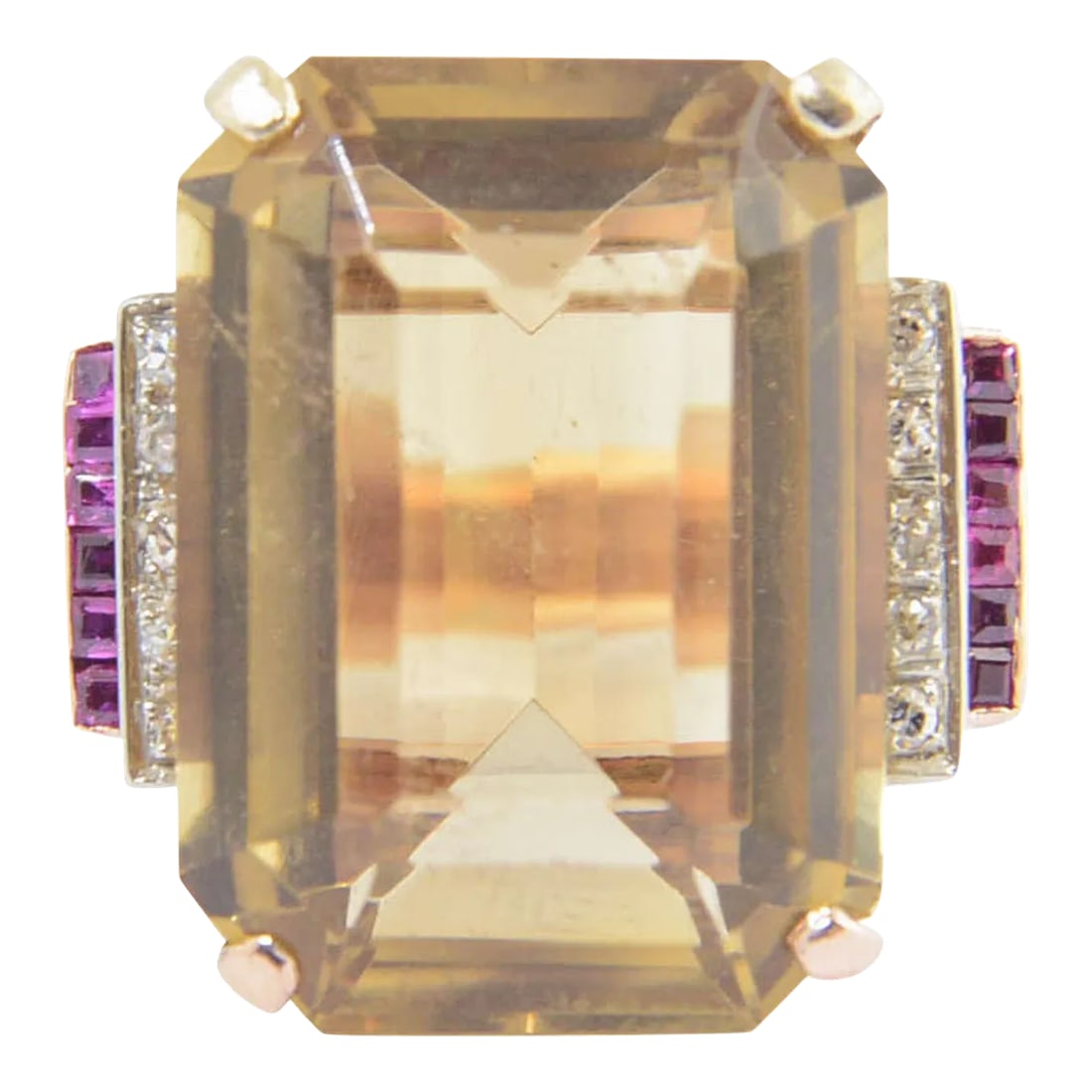 Retro Citrine Synthetic Ruby Diamond Gold Cocktail Ring size 11: Perfect example of a 1940s cocktail ring. It even has the synthetic rubies that were widely used during the Retro Era. Large emerald cut citrine accented with prong set diamonds and channel set synthe