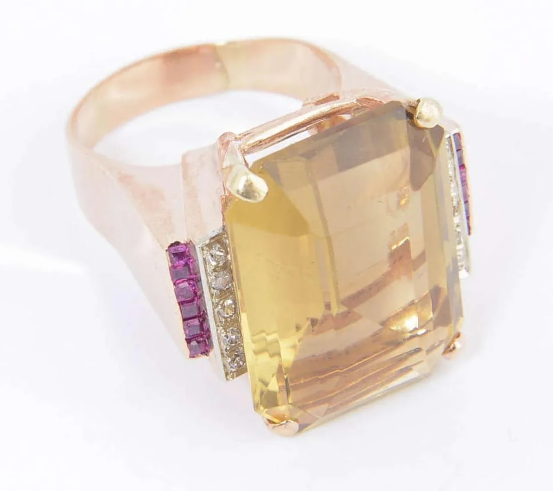 Retro Citrine Synthetic Ruby Diamond Gold Cocktail Ring size 11 - 2