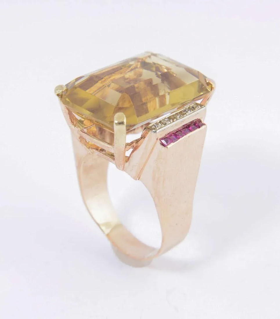 Retro Citrine Synthetic Ruby Diamond Gold Cocktail Ring size 11 - 7