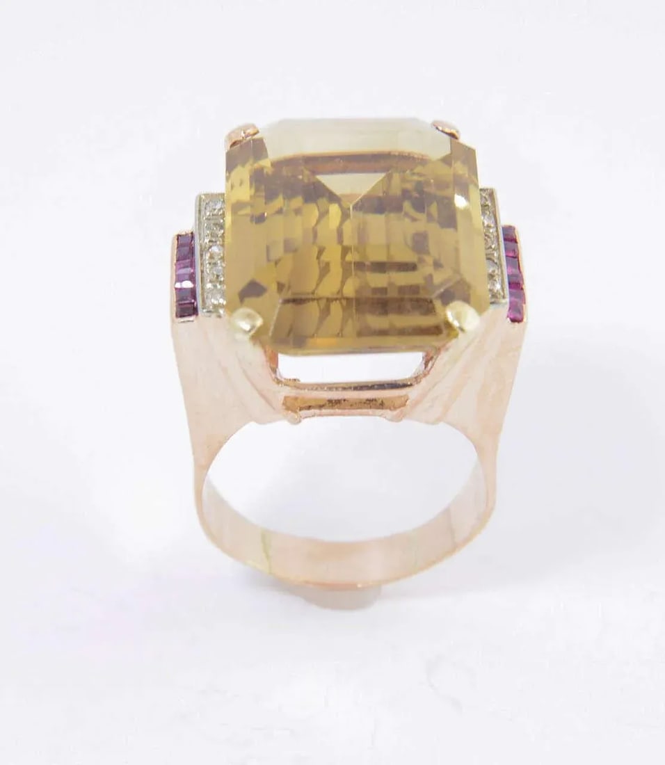 Retro Citrine Synthetic Ruby Diamond Gold Cocktail Ring size 11 - 8