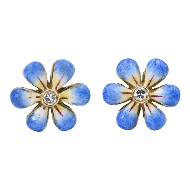 Blue Enamel Daisy Flower Diamond Gold Earrings by Sandra J. Sensations - 2 Pieces: This pair of blue enamel daisy earrings are part of the daisy line, a beautiful handmade line of jewelry by Sandra J. Sensations. Each flower is hand painted by an enamel artist. The flowers are 14k w