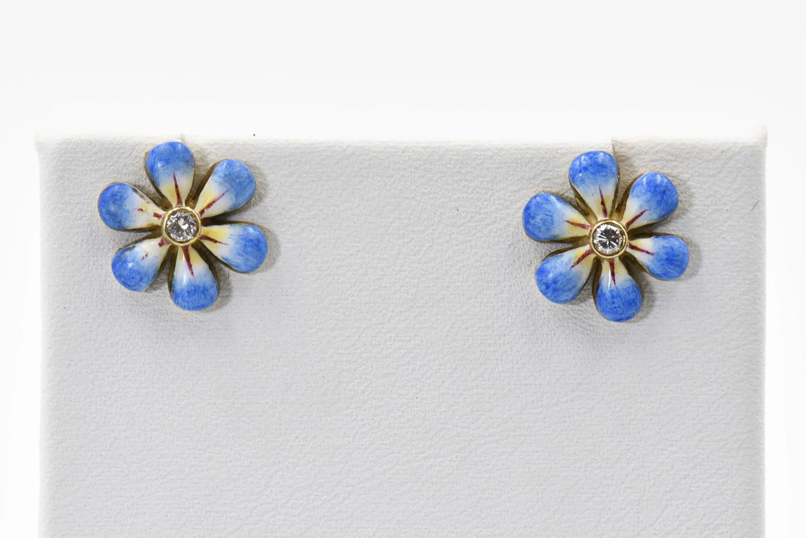 Blue Enamel Daisy Flower Diamond Gold Earrings by Sandra J. Sensations - 2 Pieces - 2