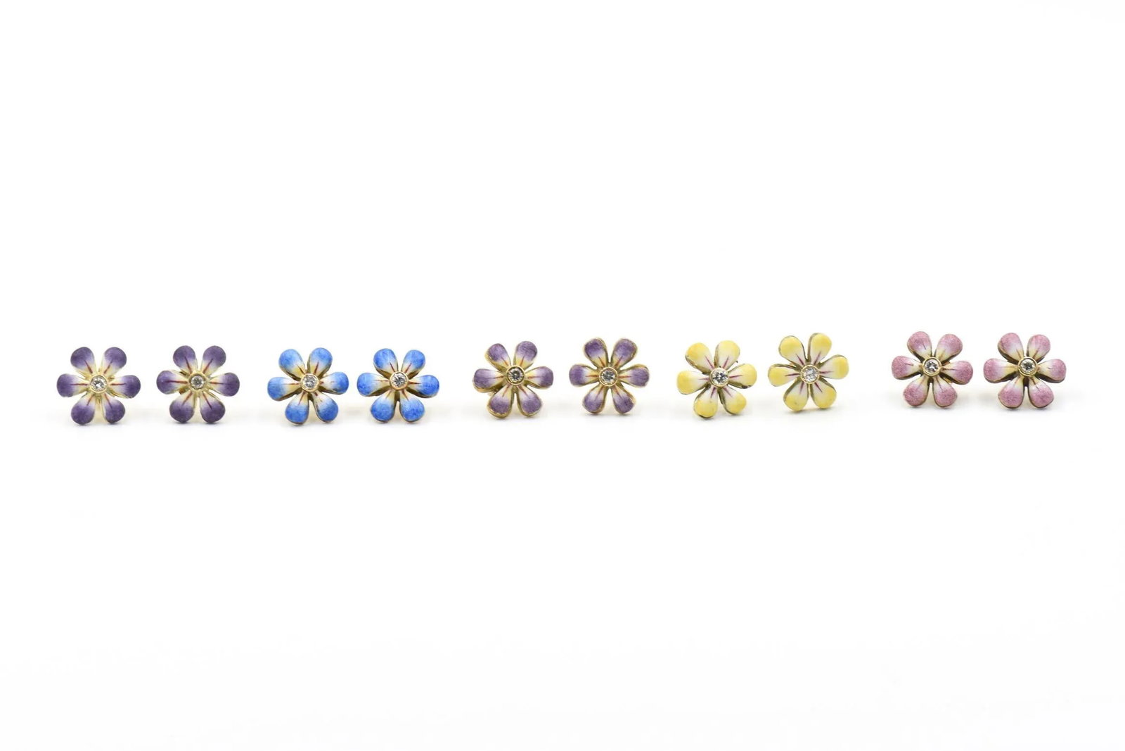 Blue Enamel Daisy Flower Diamond Gold Earrings by Sandra J. Sensations - 2 Pieces - 6