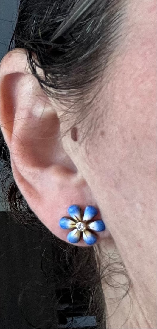 Blue Enamel Daisy Flower Diamond Gold Earrings by Sandra J. Sensations - 2 Pieces - 7