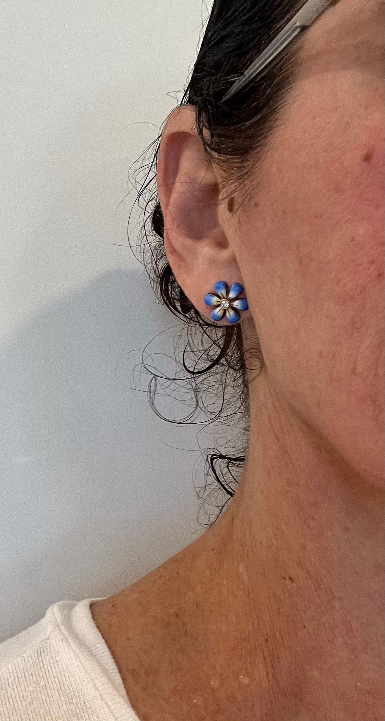 Blue Enamel Daisy Flower Diamond Gold Earrings by Sandra J. Sensations - 2 Pieces - 8