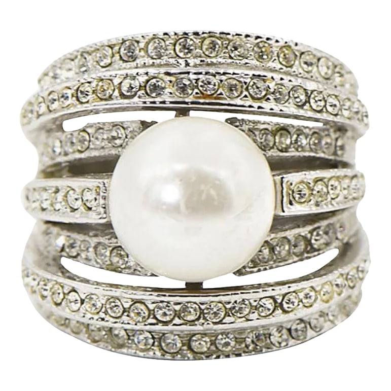 Large Faux South Sea Pearl and Crystal Sterling Silver Cocktail Ring size 9: Impressive three dimensional cocktail statement ring featuring 7 rows of bands filled with crystals mounted at different heights to create a fantastic design. In the center of the band is a costume