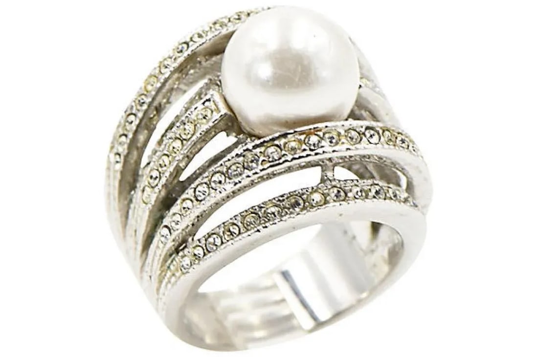Large Faux South Sea Pearl and Crystal Sterling Silver Cocktail Ring size 9 - 2