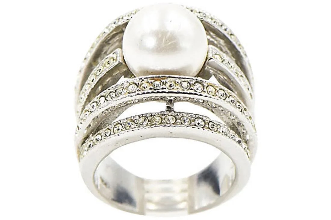 Large Faux South Sea Pearl and Crystal Sterling Silver Cocktail Ring size 9 - 3