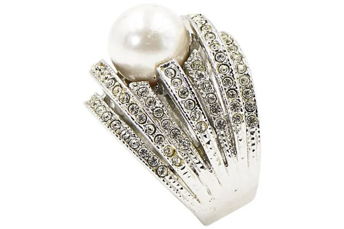 Large Faux South Sea Pearl and Crystal Sterling Silver Cocktail Ring size 9 - 4