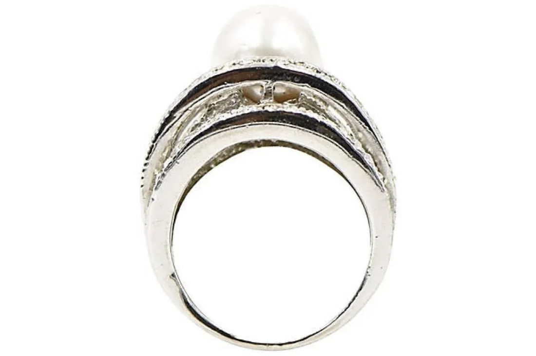 Large Faux South Sea Pearl and Crystal Sterling Silver Cocktail Ring size 9 - 5