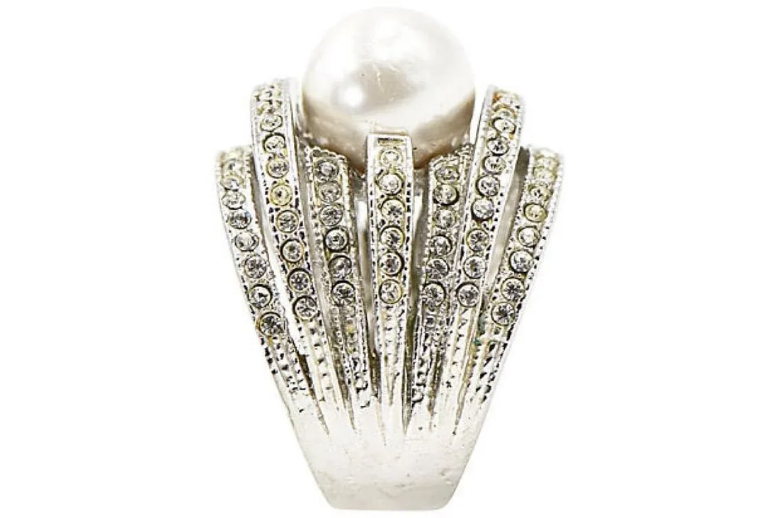 Large Faux South Sea Pearl and Crystal Sterling Silver Cocktail Ring size 9 - 6