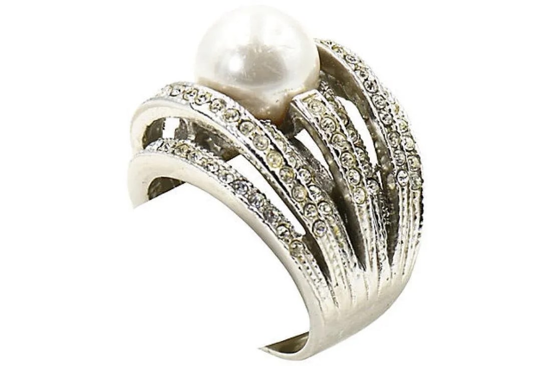 Large Faux South Sea Pearl and Crystal Sterling Silver Cocktail Ring size 9 - 9