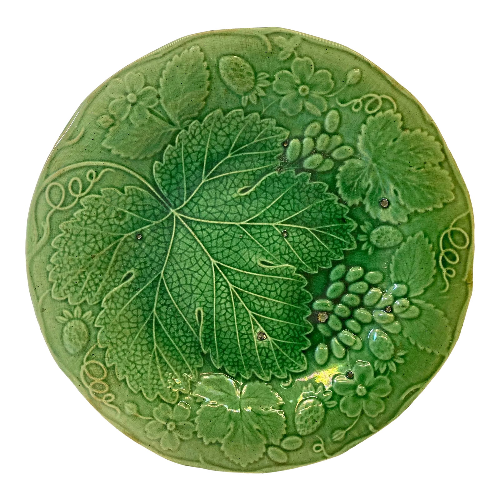 Antique Green Majolica Plate Decorated With Leaves and Berries From England - Circa 19th Century: Antique Green Majolica Plate Decorated With Leaves and Berries From England - Circa 19th Century. Please note the defects under the glaze(see photos). Measures 8 7/8" W x 8 7/8" D x 1" T Condition: Al