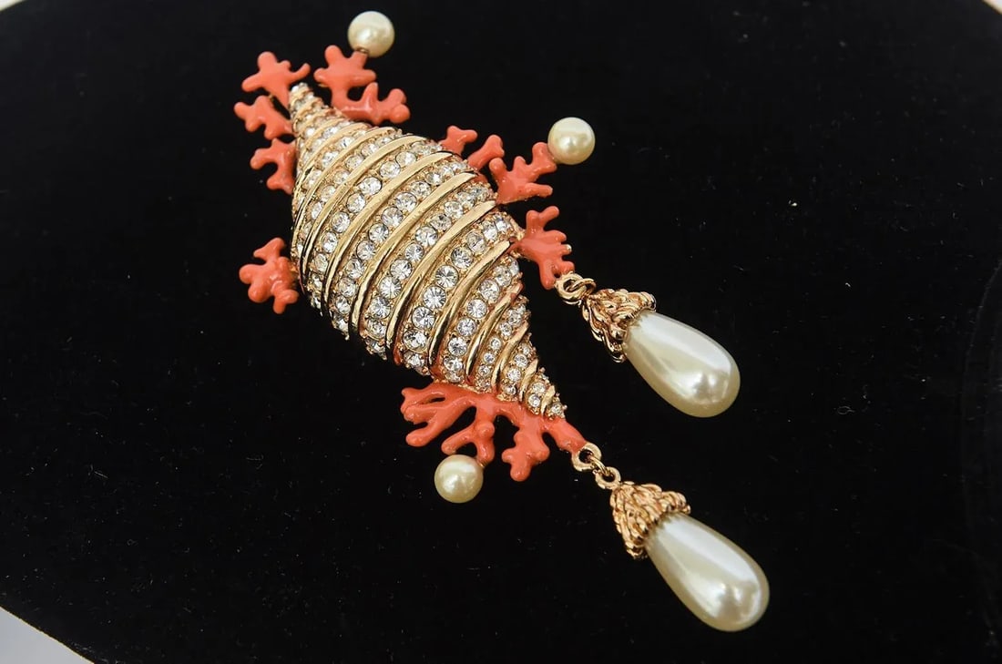 Hutton Wilkinson Coral Enamel Faux Pearl, Rhinestone Gold Filled Brooch /Pin 1980's - 10
