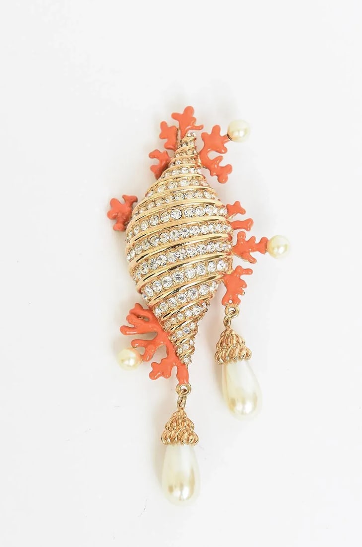 Hutton Wilkinson Coral Enamel Faux Pearl, Rhinestone Gold Filled Brooch /Pin 1980's - 2