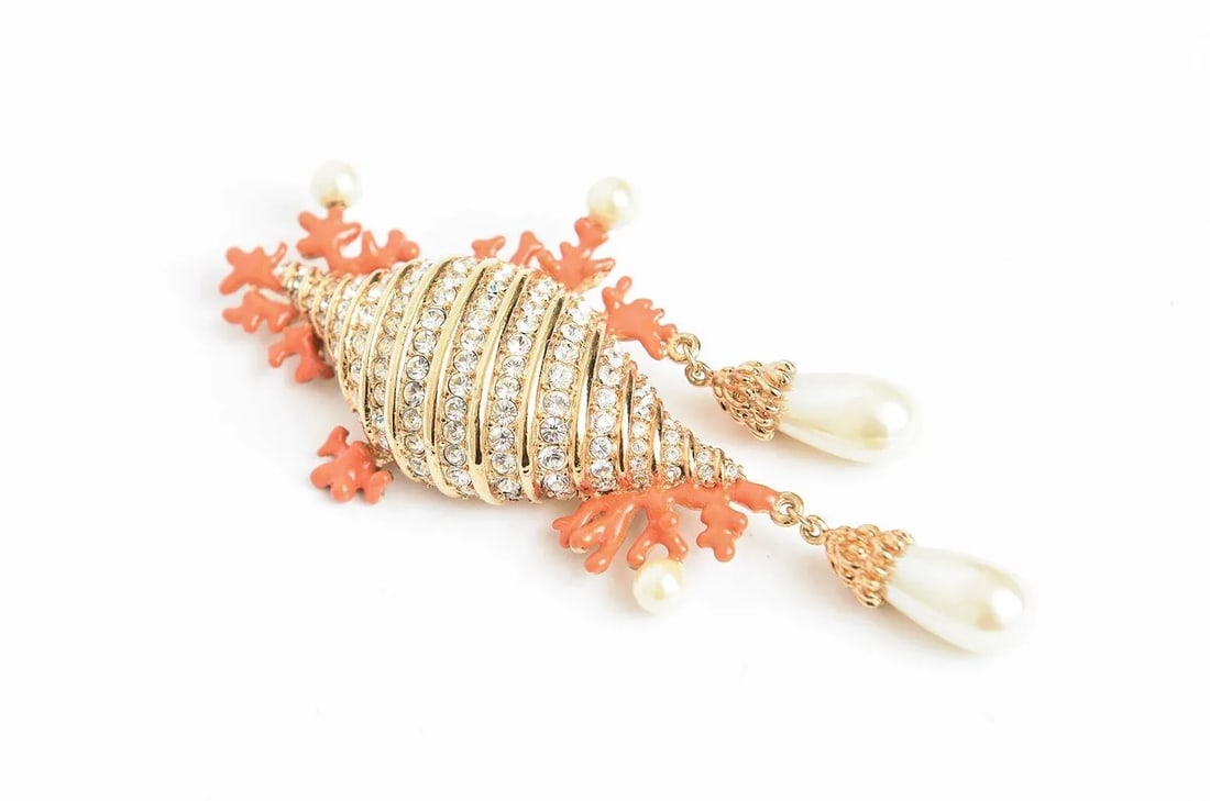 Hutton Wilkinson Coral Enamel Faux Pearl, Rhinestone Gold Filled Brooch /Pin 1980's - 3