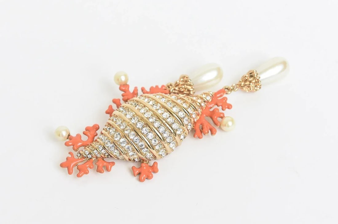 Hutton Wilkinson Coral Enamel Faux Pearl, Rhinestone Gold Filled Brooch /Pin 1980's - 5