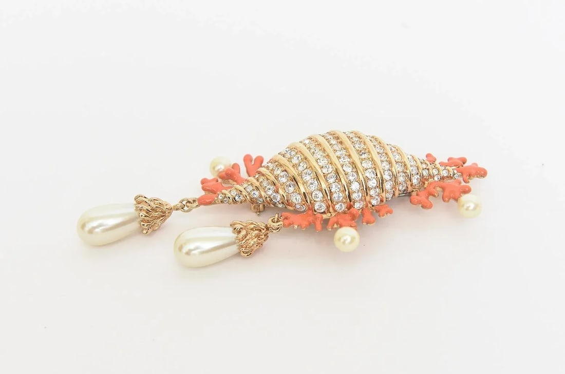 Hutton Wilkinson Coral Enamel Faux Pearl, Rhinestone Gold Filled Brooch /Pin 1980's - 6