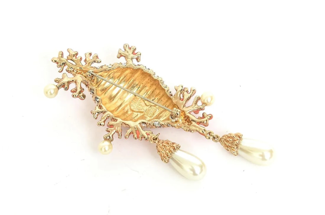 Hutton Wilkinson Coral Enamel Faux Pearl, Rhinestone Gold Filled Brooch /Pin 1980's - 7