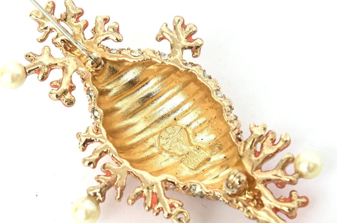 Hutton Wilkinson Coral Enamel Faux Pearl, Rhinestone Gold Filled Brooch /Pin 1980's - 8