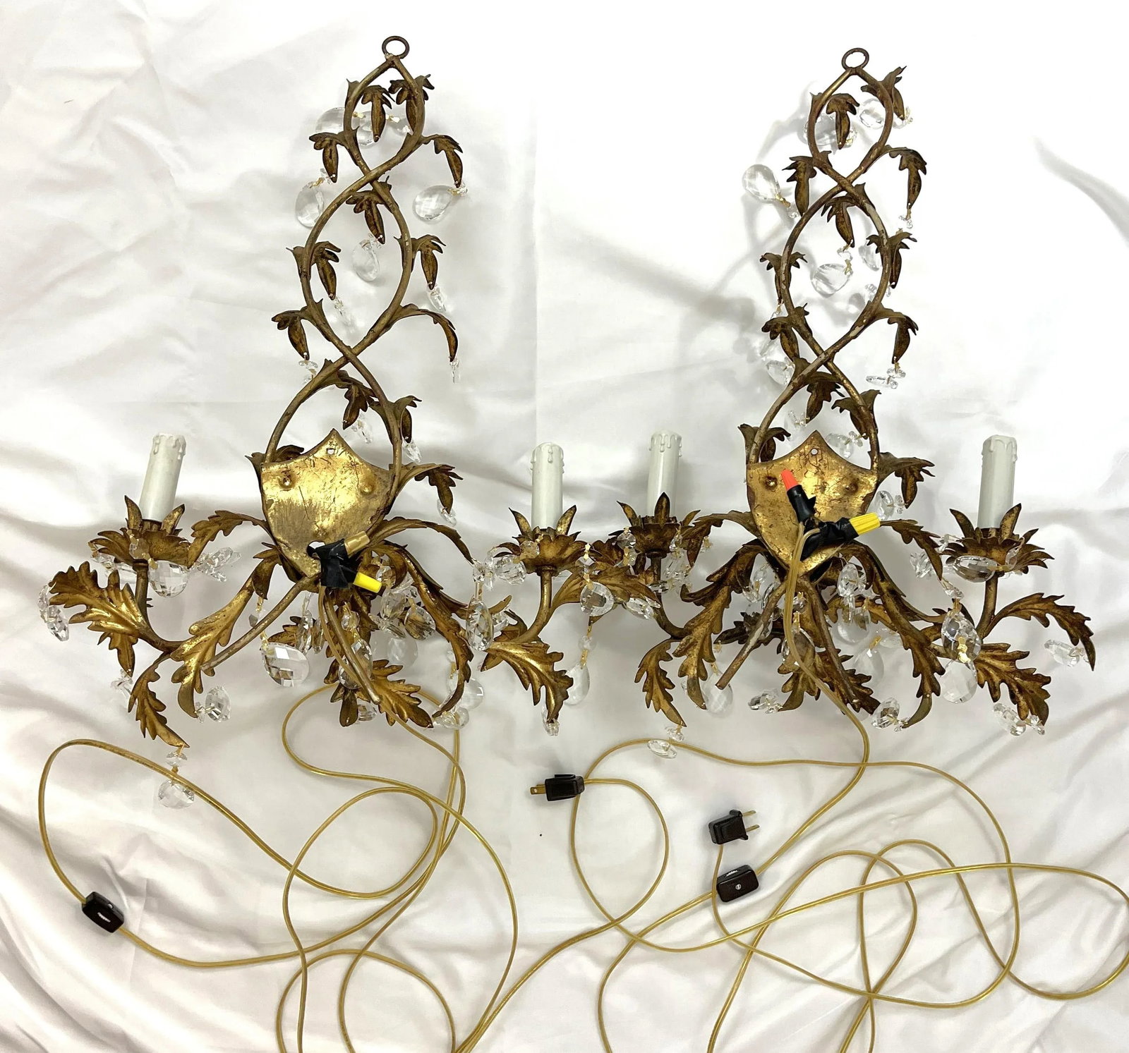 Mid Century Italian Tole Overflowing Crystal Wall Sconces- a Pair - 12