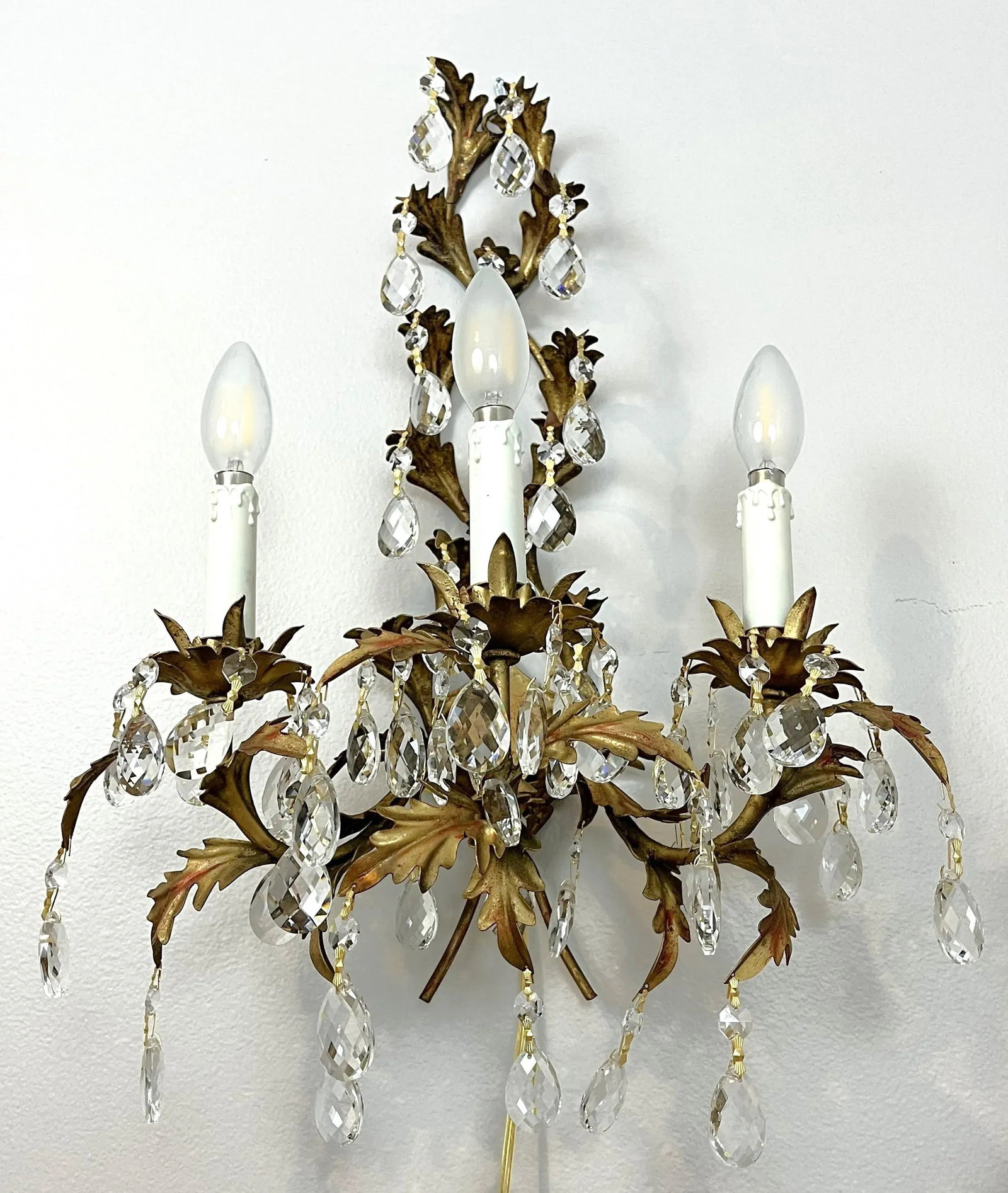 Mid Century Italian Tole Overflowing Crystal Wall Sconces- a Pair - 3