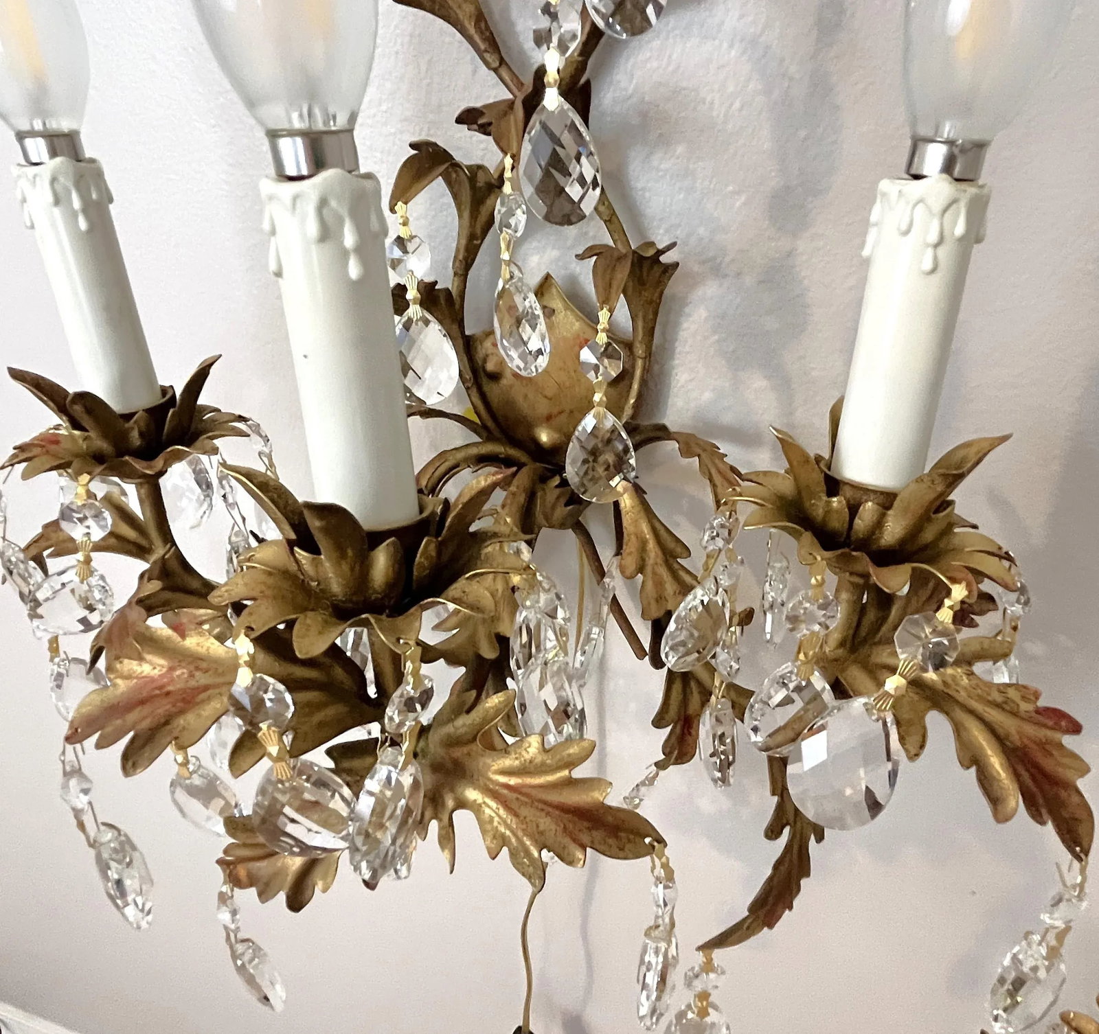 Mid Century Italian Tole Overflowing Crystal Wall Sconces- a Pair - 4