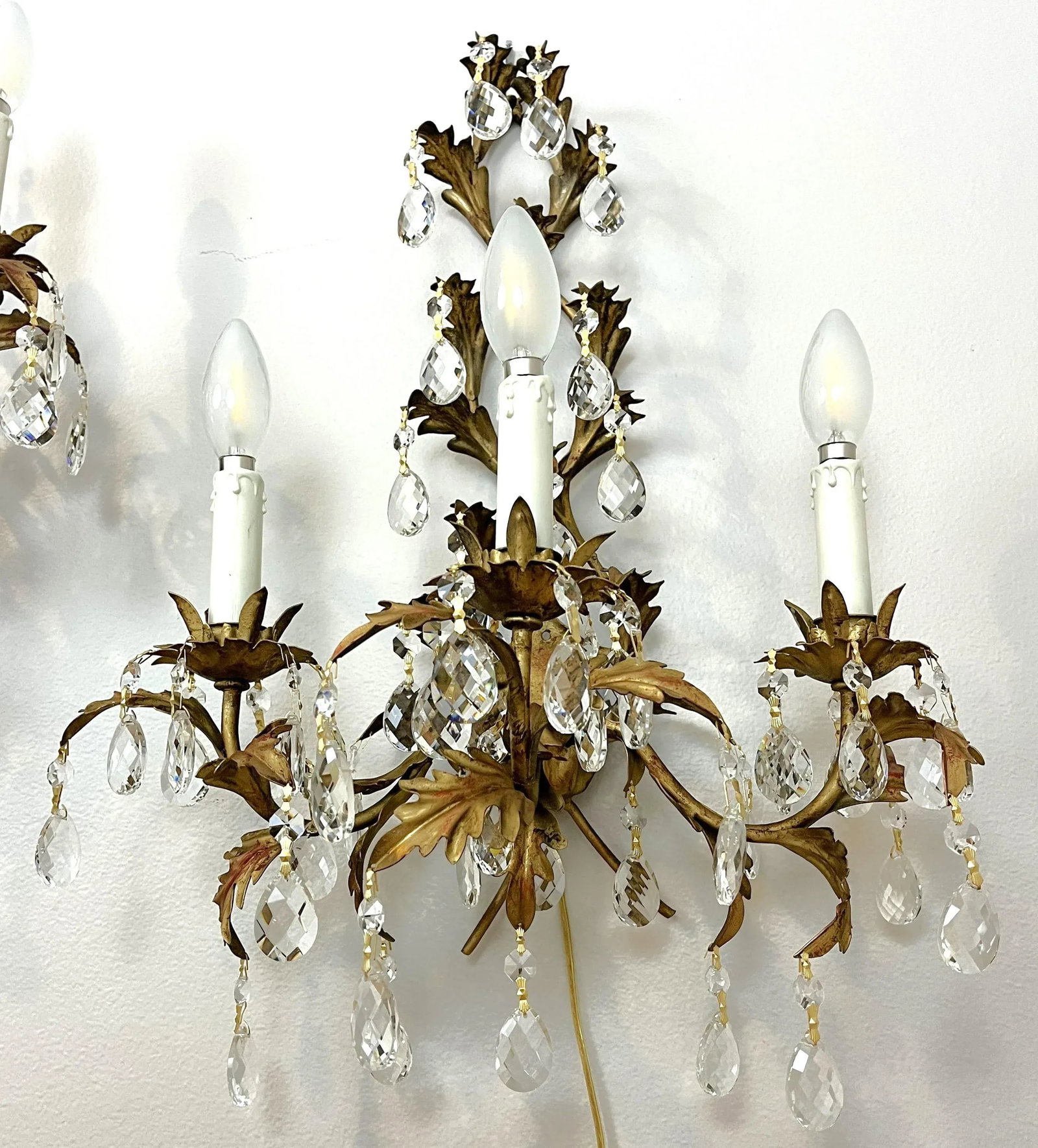 Mid Century Italian Tole Overflowing Crystal Wall Sconces- a Pair - 5