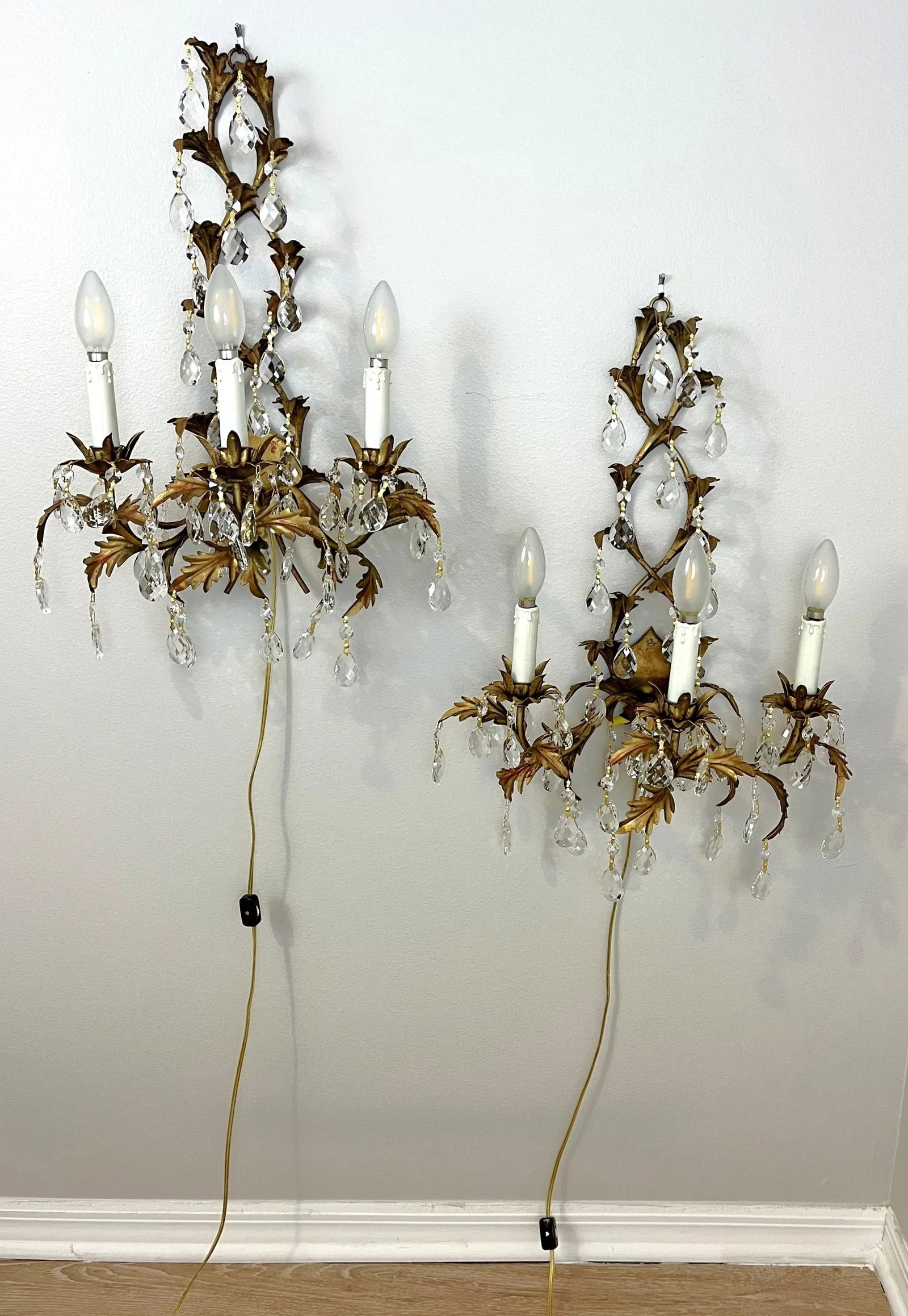 Mid Century Italian Tole Overflowing Crystal Wall Sconces- a Pair - 6