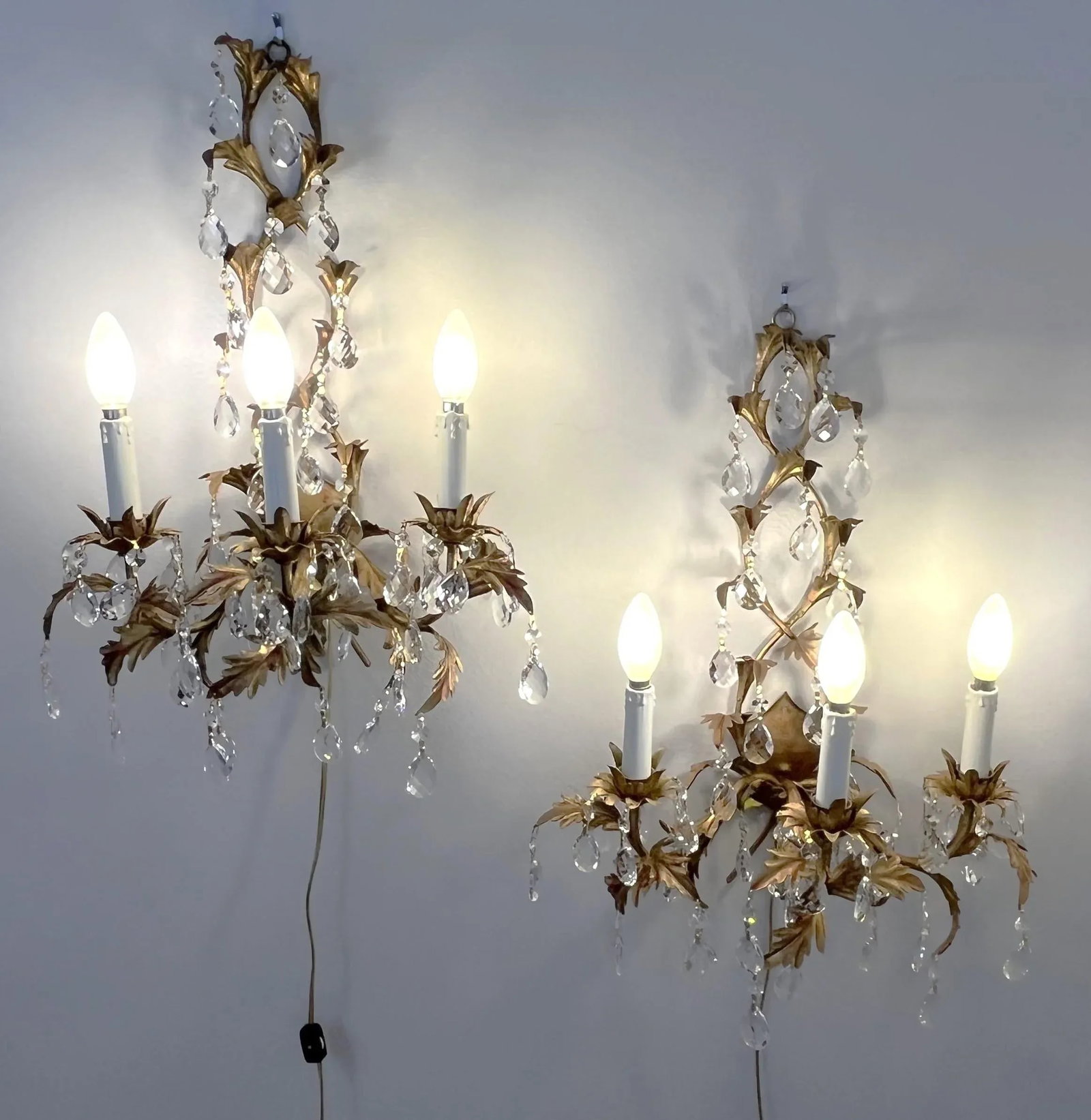 Mid Century Italian Tole Overflowing Crystal Wall Sconces- a Pair - 7