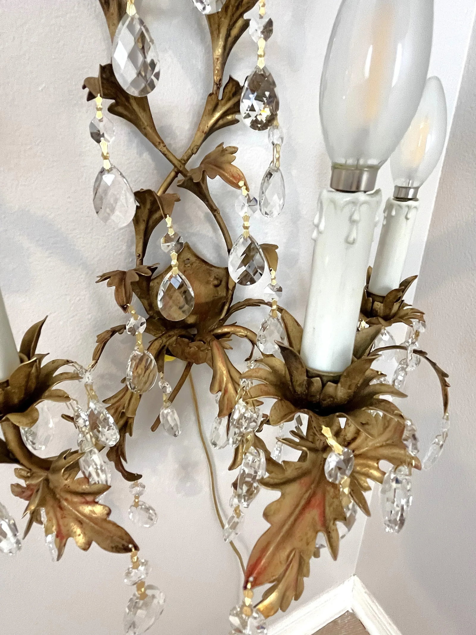 Mid Century Italian Tole Overflowing Crystal Wall Sconces- a Pair - 8
