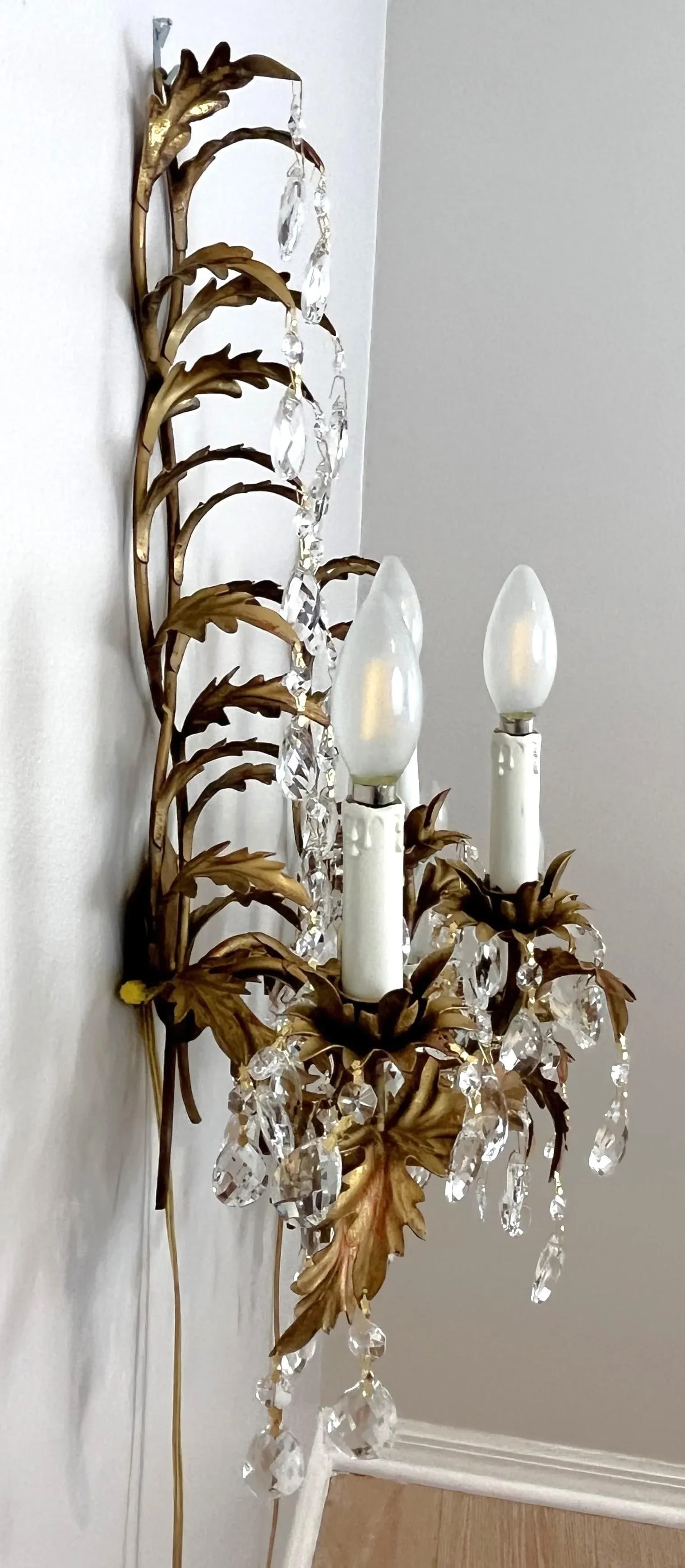 Mid Century Italian Tole Overflowing Crystal Wall Sconces- a Pair - 9