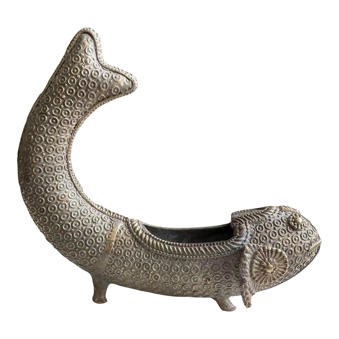 Antique Figural Koi Fish Censer | Hand-Forged Incense Vessel: Striking figural koi fish censer, handmade by a skilled artisan in intricately designed, crafted and decorated brass. Upright tail offers a lively visual, complemented by unexpected graphic pattern on
