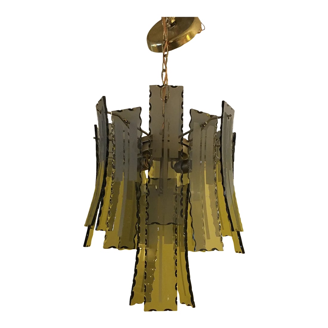 Smoke Amber Etched Glass and Brass Hanging Light Fixture: Wonderful medium size hanging light fixture/ chandelier made with individual strips of smoke glass. Each glass piece is scalloped on all sides and they have a center simple etching. The glass pieces