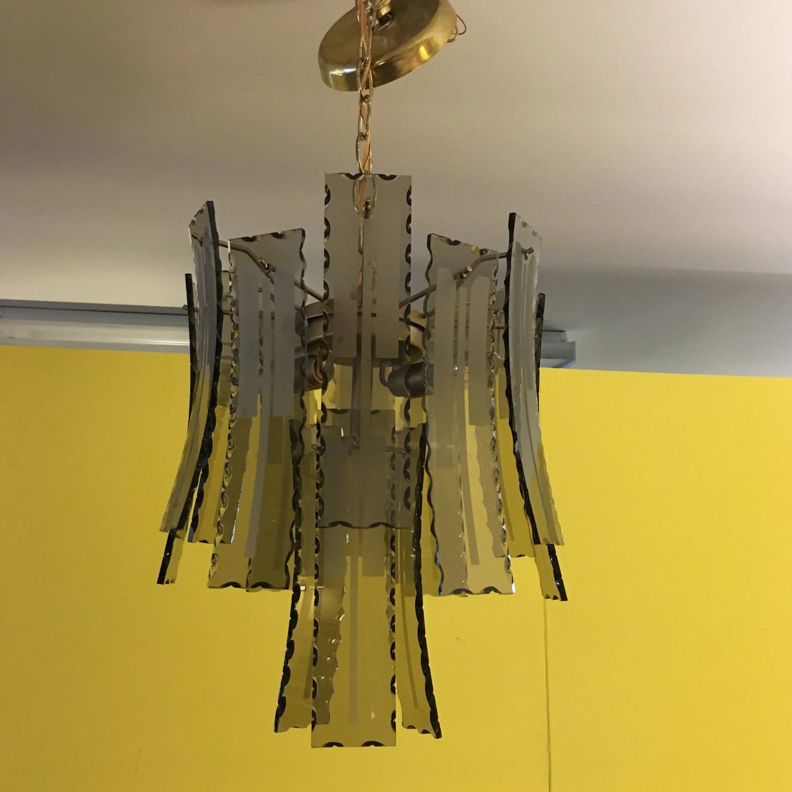 Smoke Amber Etched Glass and Brass Hanging Light Fixture - 8
