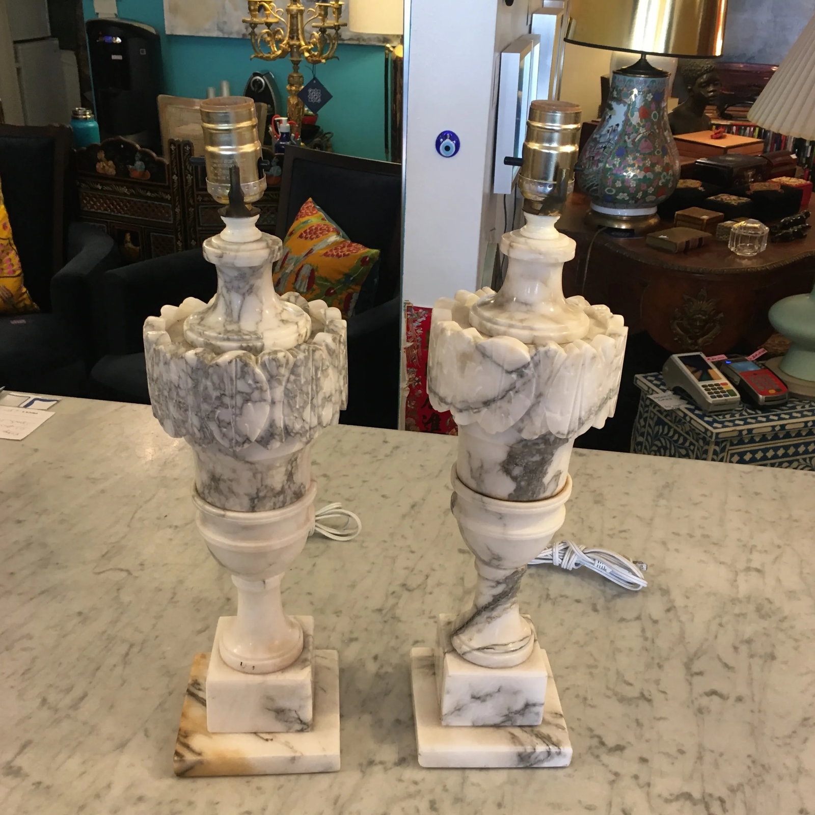 Carved Alabaster Lamps a Pair - 2