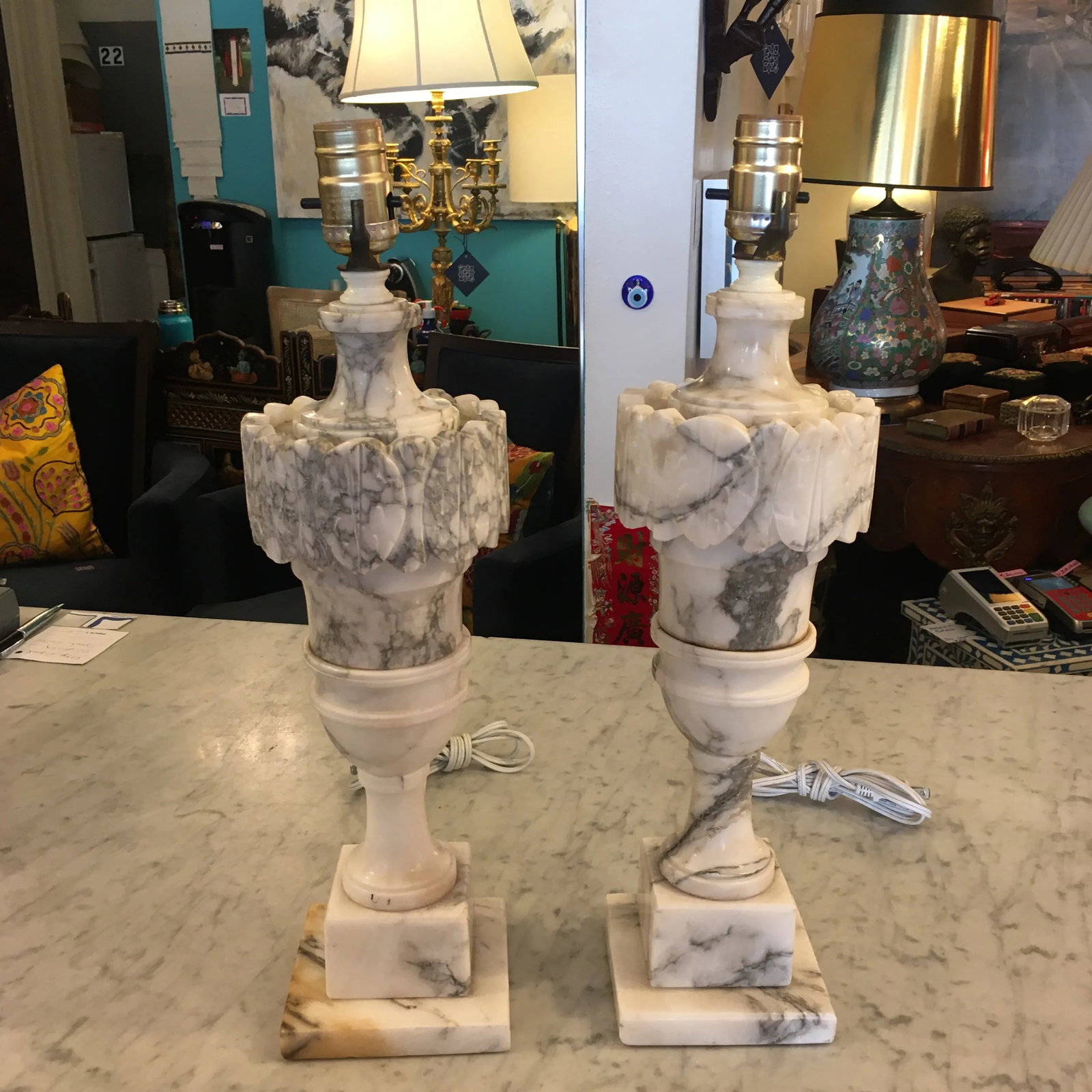 Carved Alabaster Lamps a Pair - 6