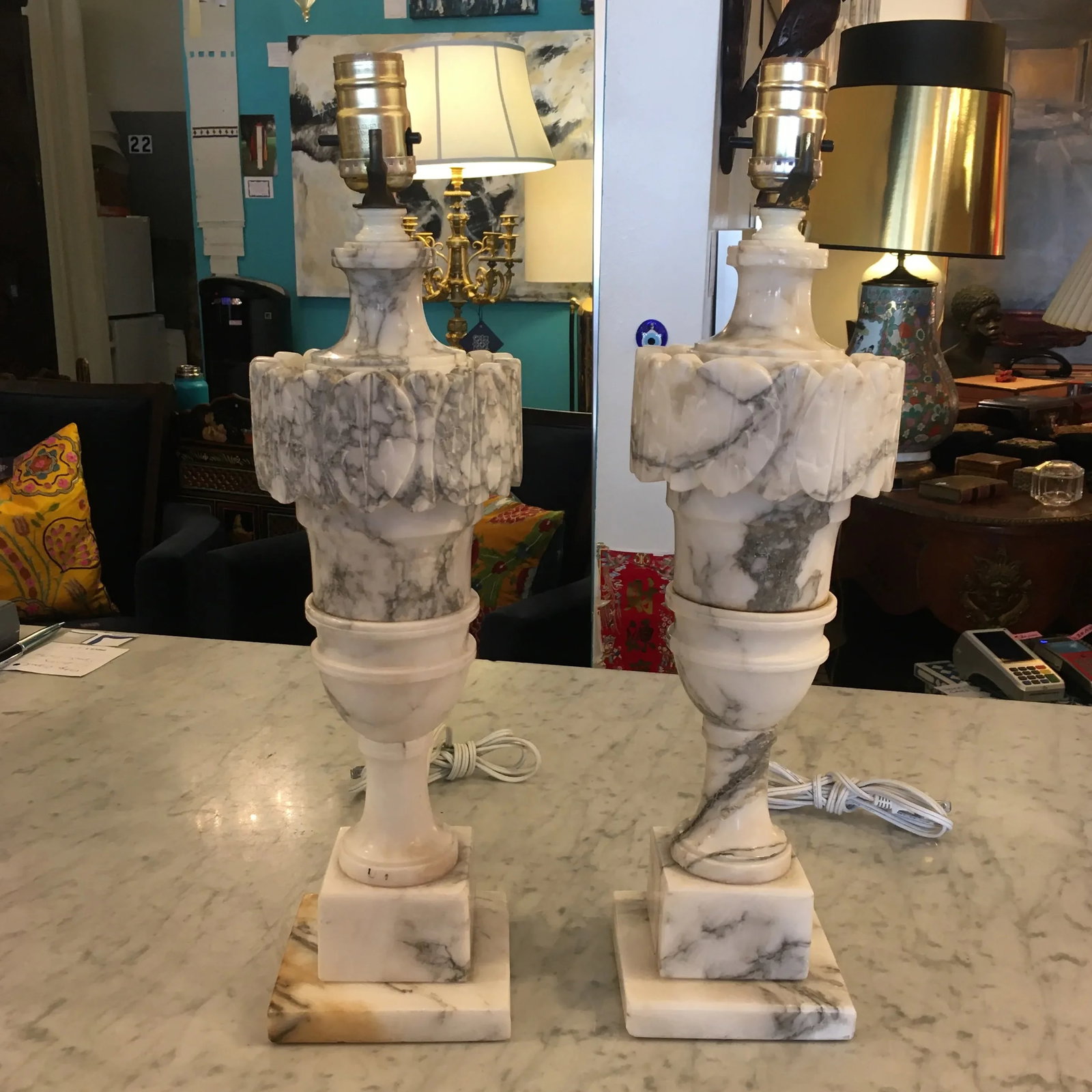 Carved Alabaster Lamps a Pair - 7