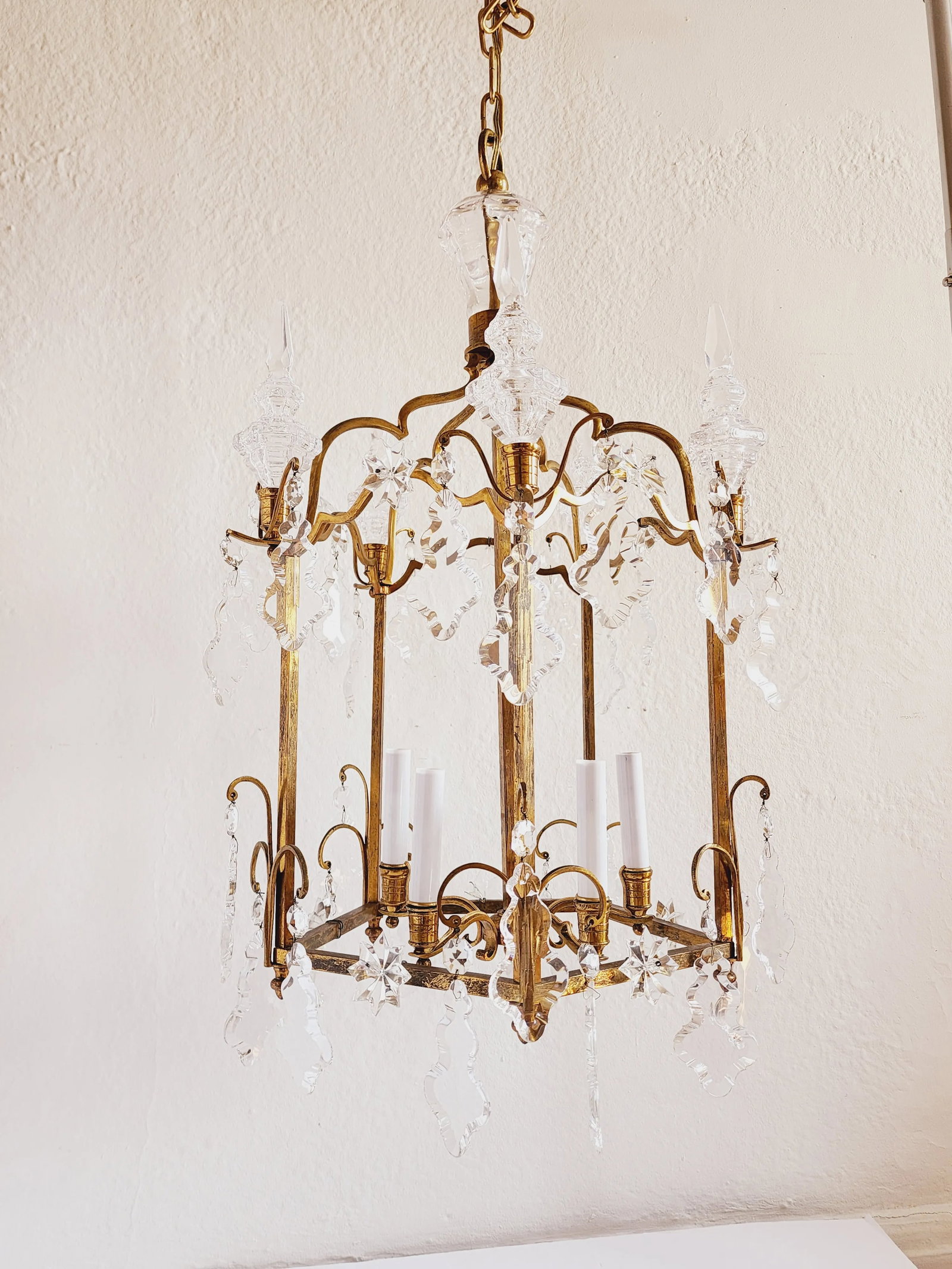 Antique French Gilt Bronze Lantern With Crystals - 2