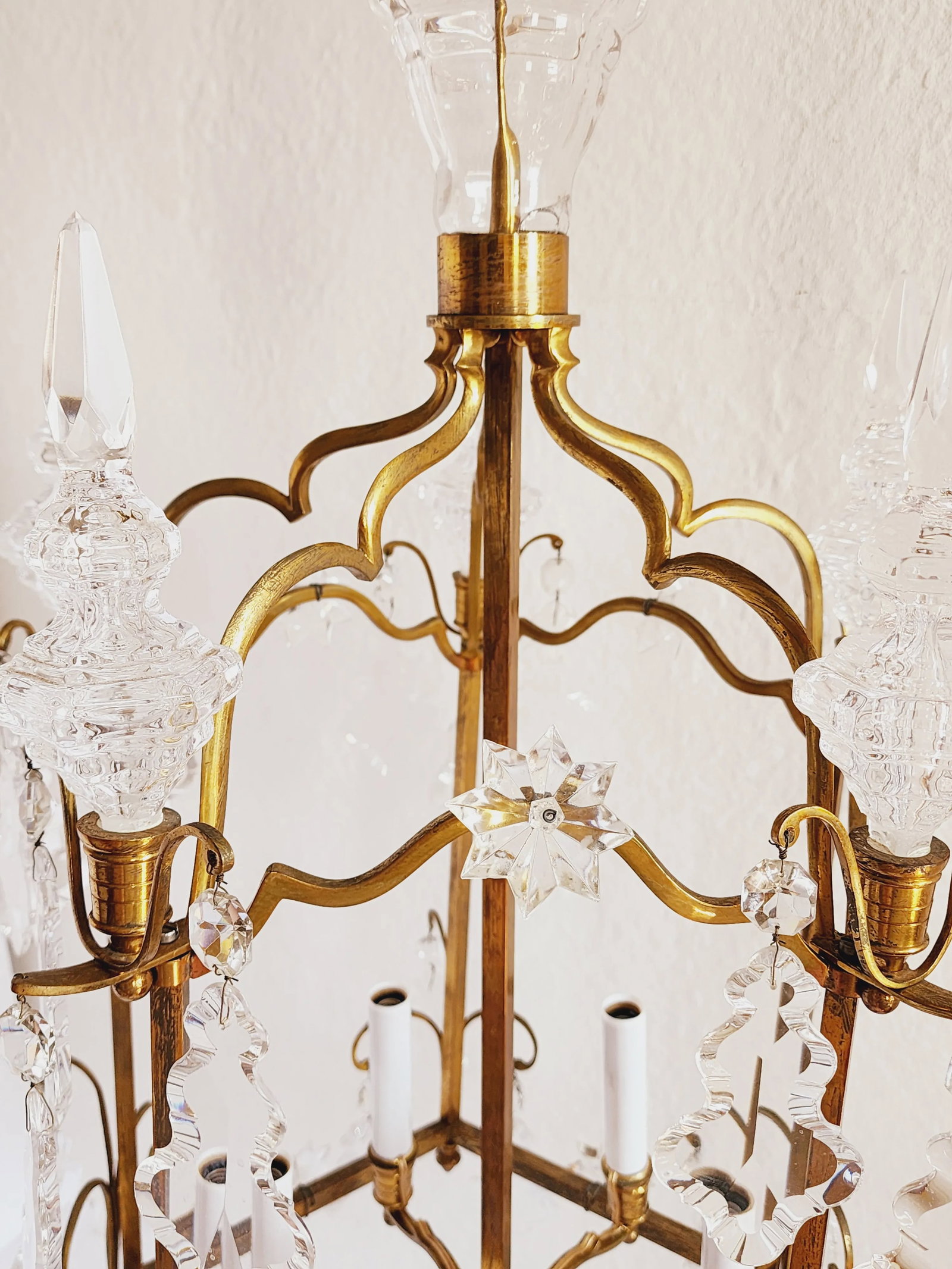 Antique French Gilt Bronze Lantern With Crystals - 7