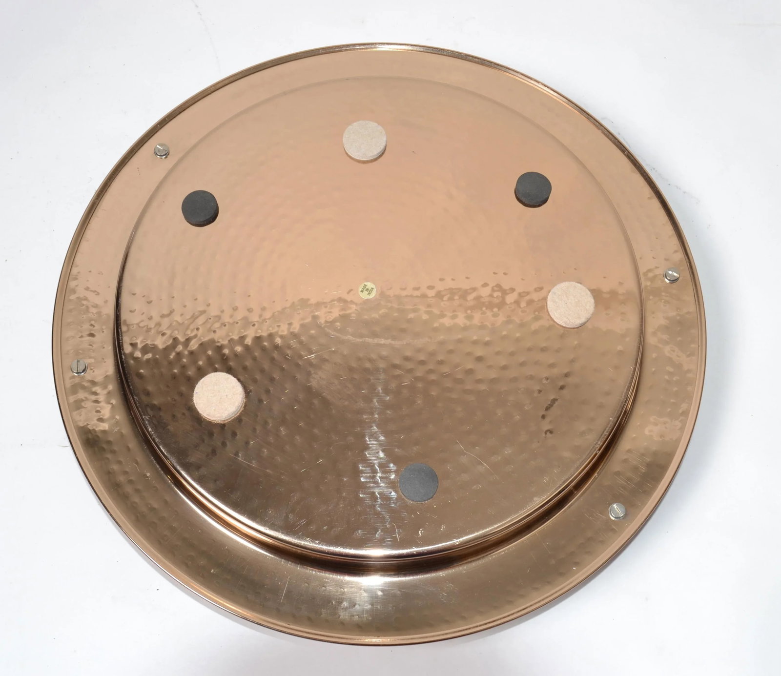 1990s Williams Sonoma Round Hammered Copper Serving Tray Leather Handles Ottoman Tray - 11