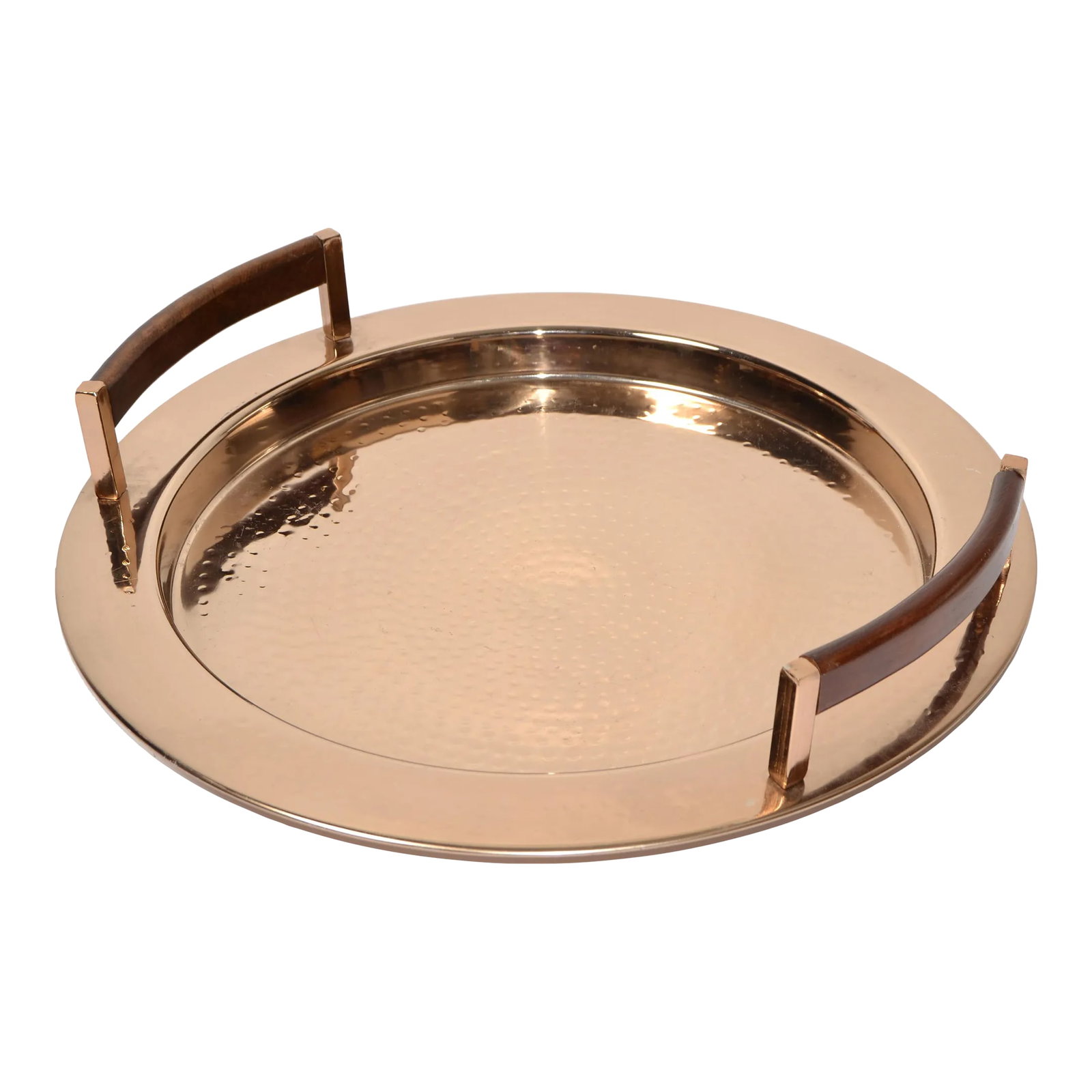 1990s Williams Sonoma Round Hammered Copper Serving Tray Leather Handles Ottoman Tray: Bring the warmth of copper to the table with this round large elegant tray. Handcrafted by highly skilled coppersmiths, the artisans shape the solid copper, then hand hammer the exterior and polish