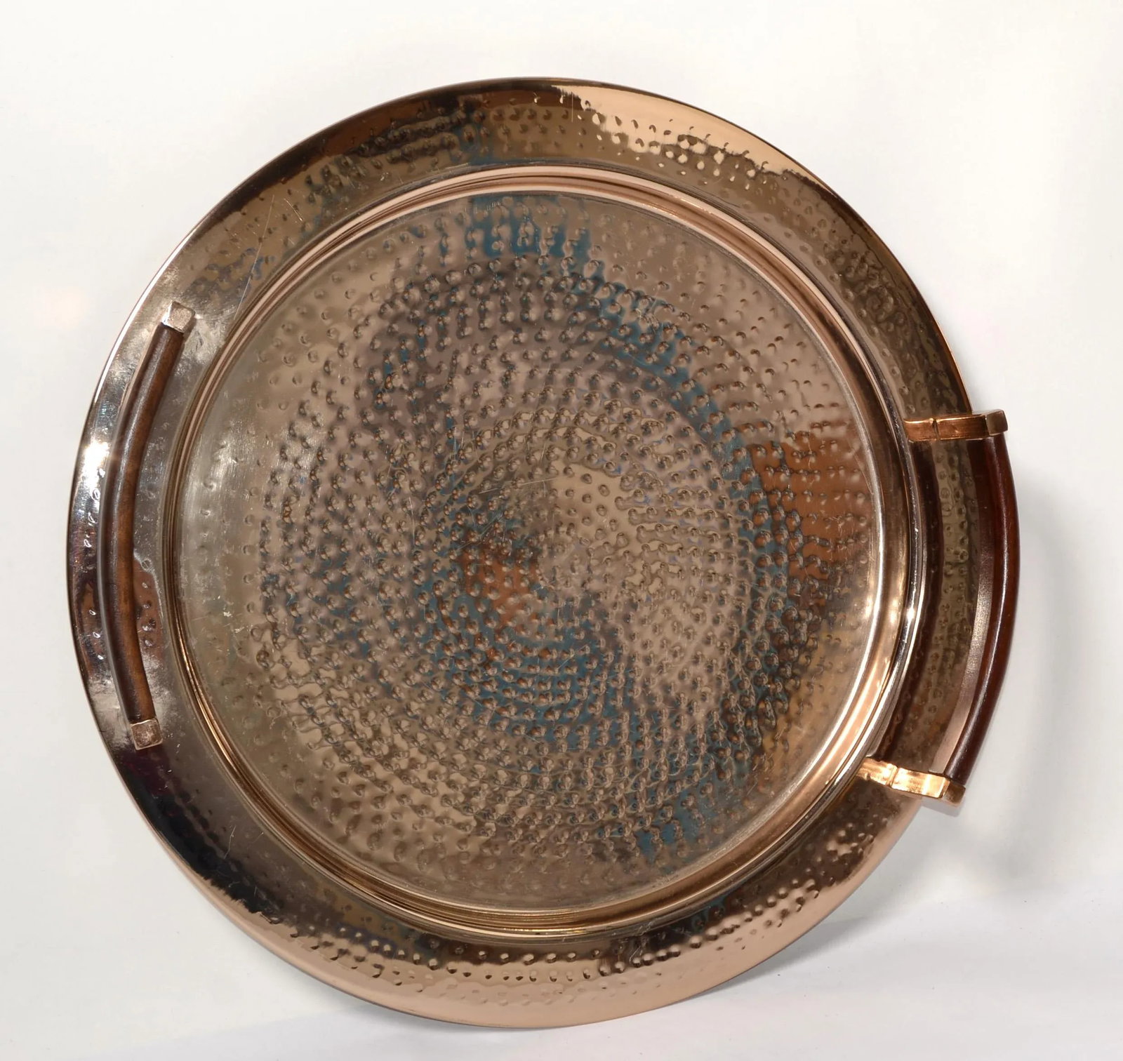 1990s Williams Sonoma Round Hammered Copper Serving Tray Leather Handles Ottoman Tray - 8