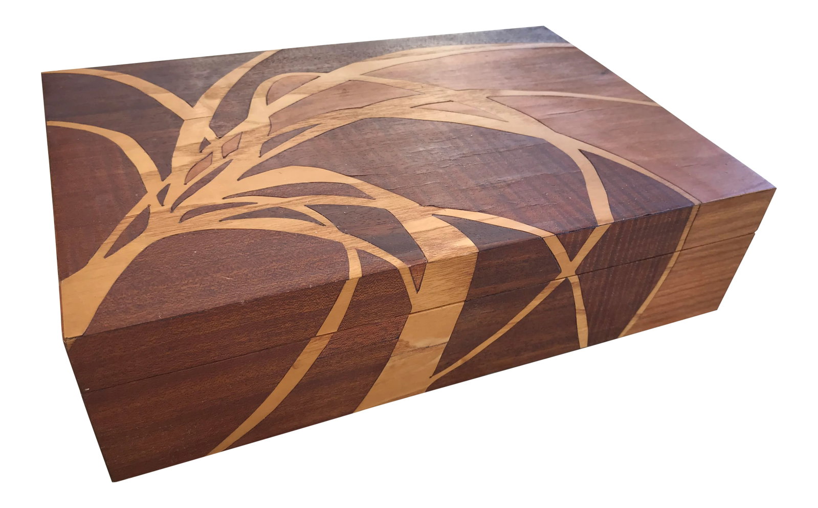 1930s Self-Taught Albert Rosenblatt Intarsia Wooden Box: Circa mid century hand made intarsia box by Albert Rosenblatt, with 5 different inlaid woods. Striking pattern of inlaid woods depicts reed stalks across front and top of box. Included is original