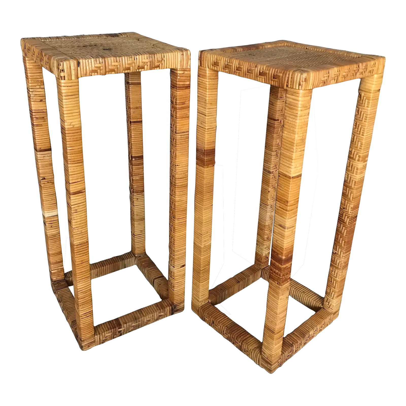 Vintage 1980s Rattan Plant Stands ~ a Pair: Pair of vintage 80s rattan stands or pedestals, 30 inches tall x 12 inches square. Stands are unmarked but resemble the line of furnishings Billy Baldwin designed for Bielecky Brothers Company. These